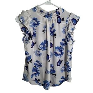 Loft Blouse White Blue Floral Smocked Neck Flutter Sleeve XSP